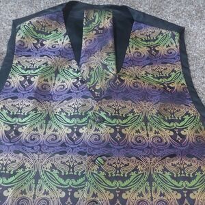 Barry Wang Mens Purple Green Paisley Silk Vest Tie Pocket Square Set Large